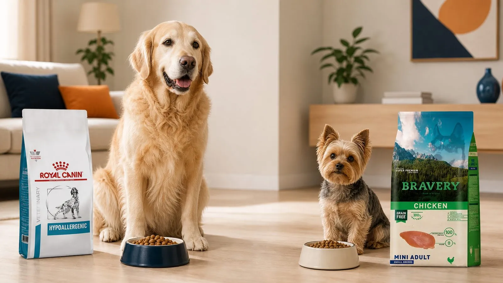 Perro grande y perro pequeño junto a alimentos de distintas marcas