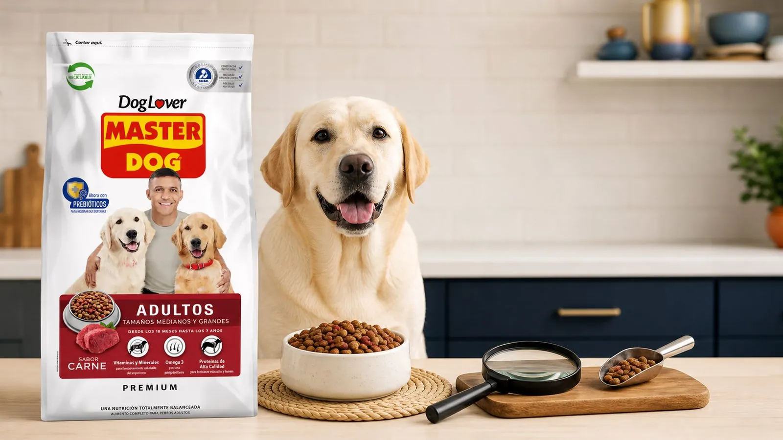 Análisis detallado de una bolsa de alimento para perro con lupa