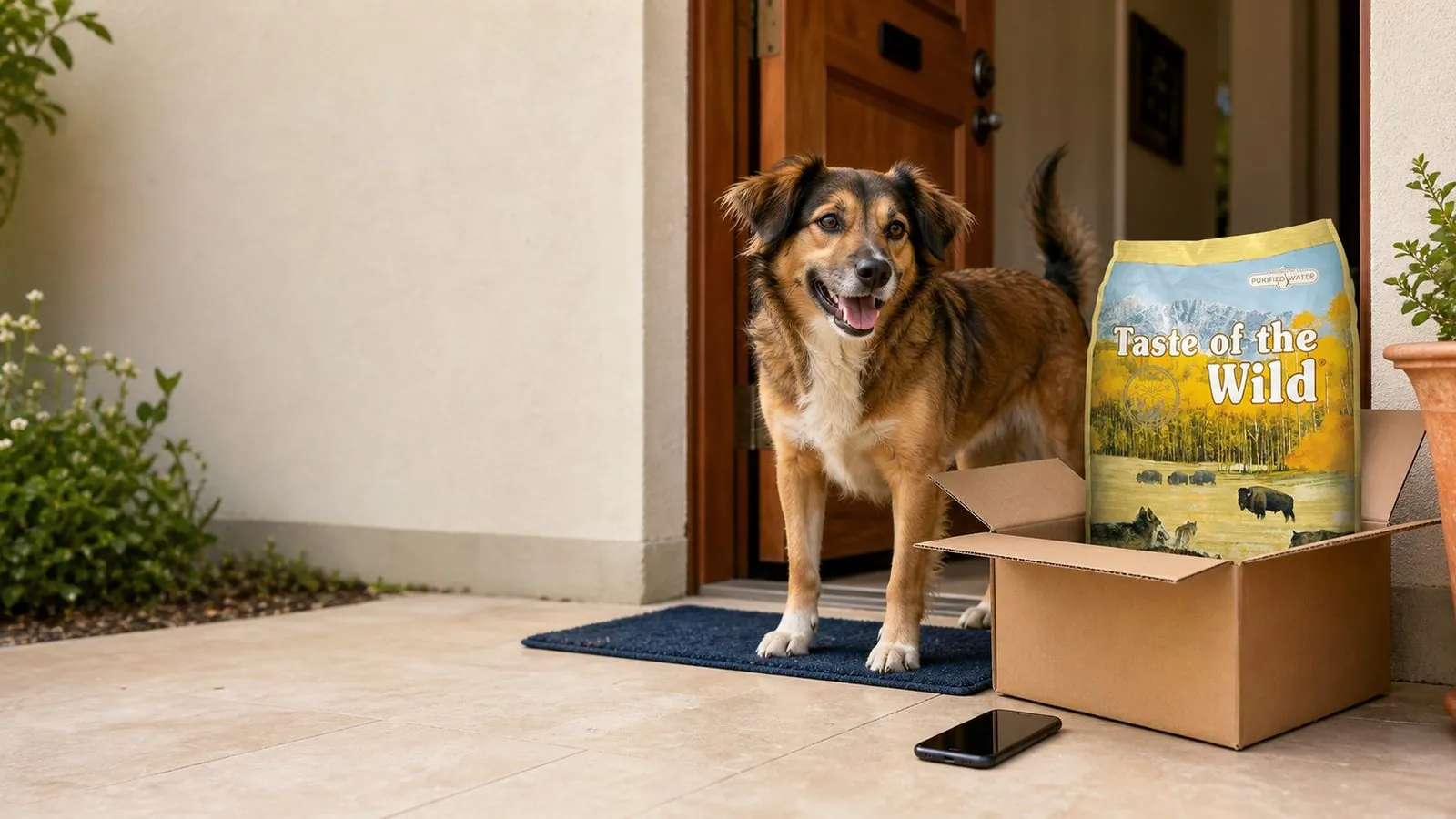 Perro recibiendo su alimento comprado online en la puerta de casa