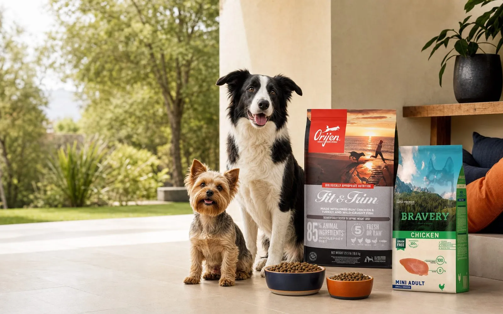 Perros junto a bolsas de alimento premium para perro